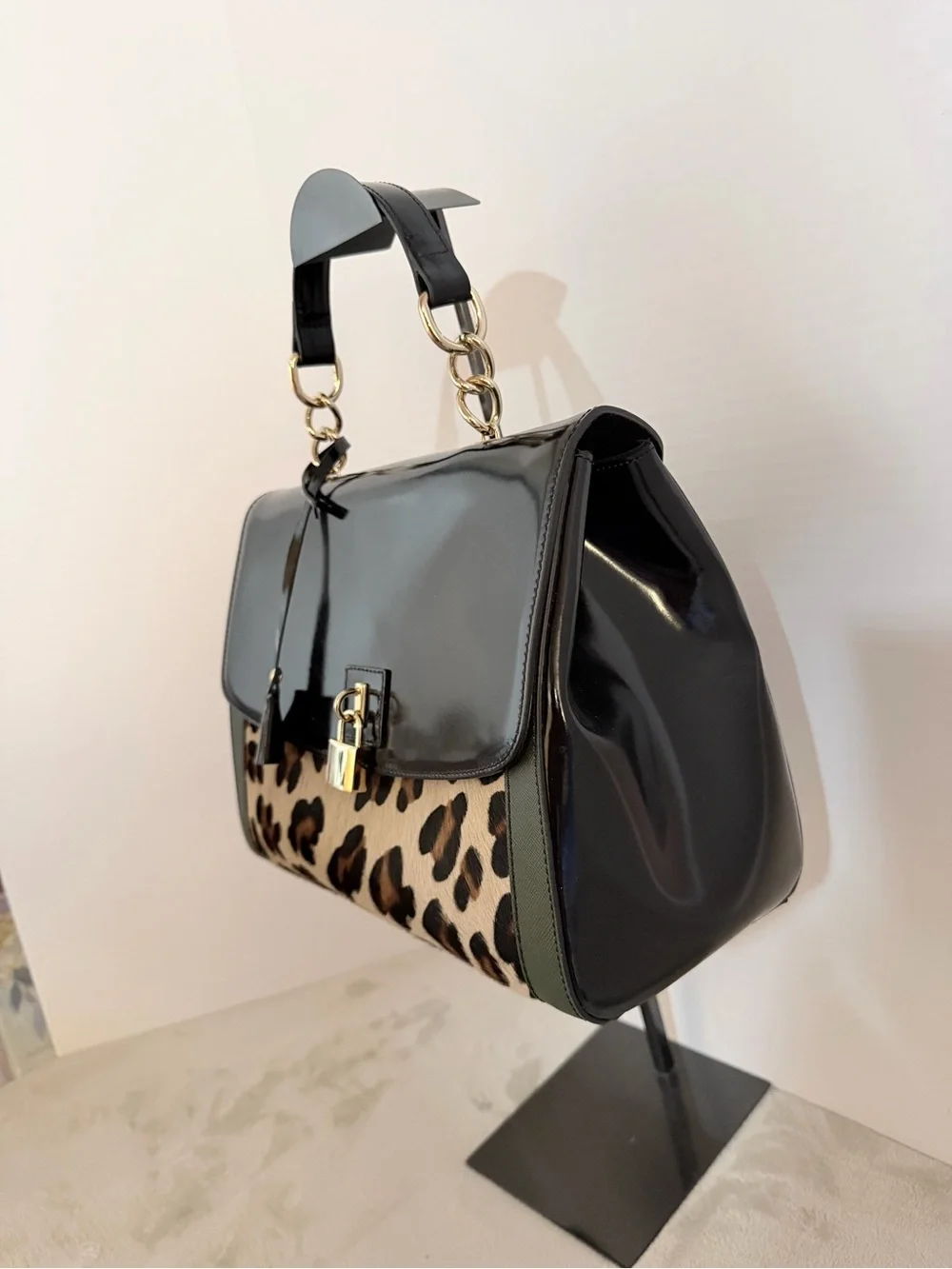 Black and Leopard Satchel Handbag - Women